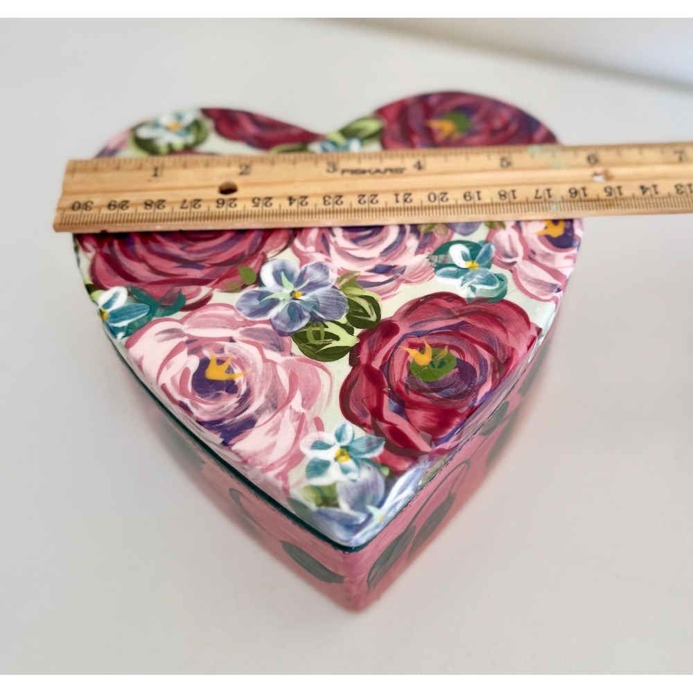 Vintage Lesal Ceramics 6" Heart Trinket Box: Floral Pottery Dish - Picture 2 of 6